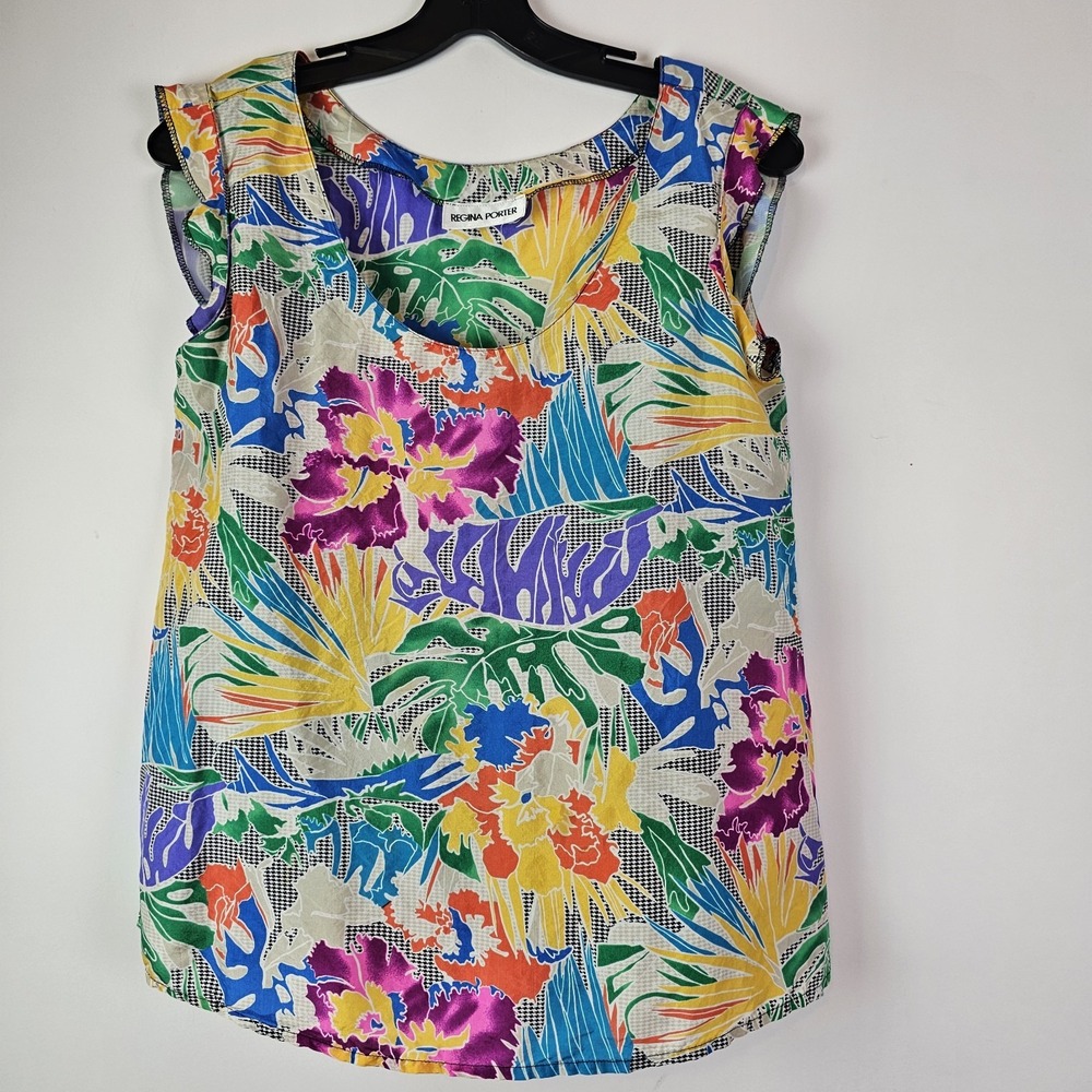 Regina Porter 80s VTG Silk Blouse Colorful M Miami Vice Floral Top Secretary